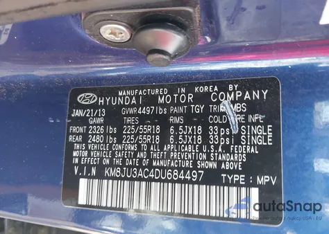 2013 Hyundai Tucson Limited из США, поврежденный, VIN KM8JU3AC4DU684497